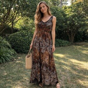 Julia Silk Blend Boho Peacock Feather Maxi Dress Flowing Festival Anthro Vibes
